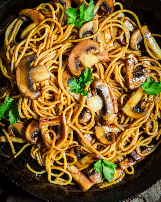 Spaghetti vegan au LIVI & champignons sautés